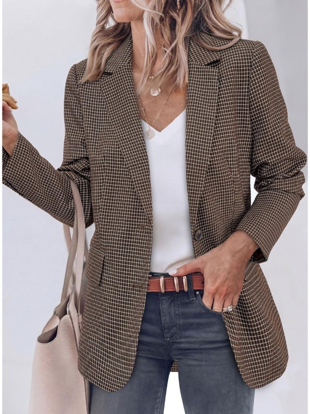 Women's Plaid Brown Long Sleeve Notch Lapel Pockets Oversized Blazer Suit Jacket - Picture 2 of 6